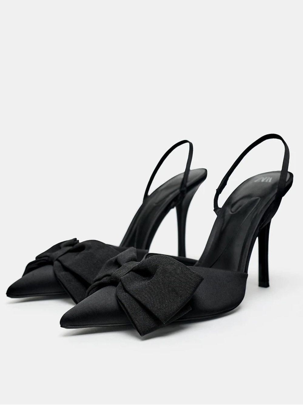 ZARA Bow Trim Heeled Shoes in Black Bow Pointed-Toe Slingback Heels